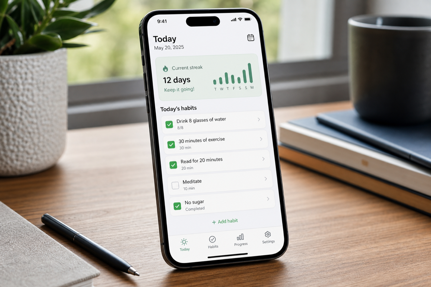 iPhone mockup showing a habit-tracker app