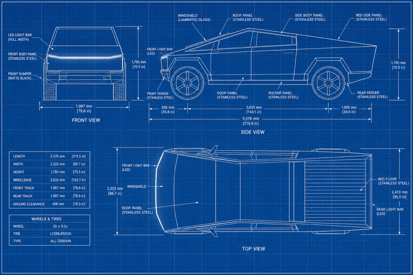 Orthographic Cybertruck blueprint on a blue grid