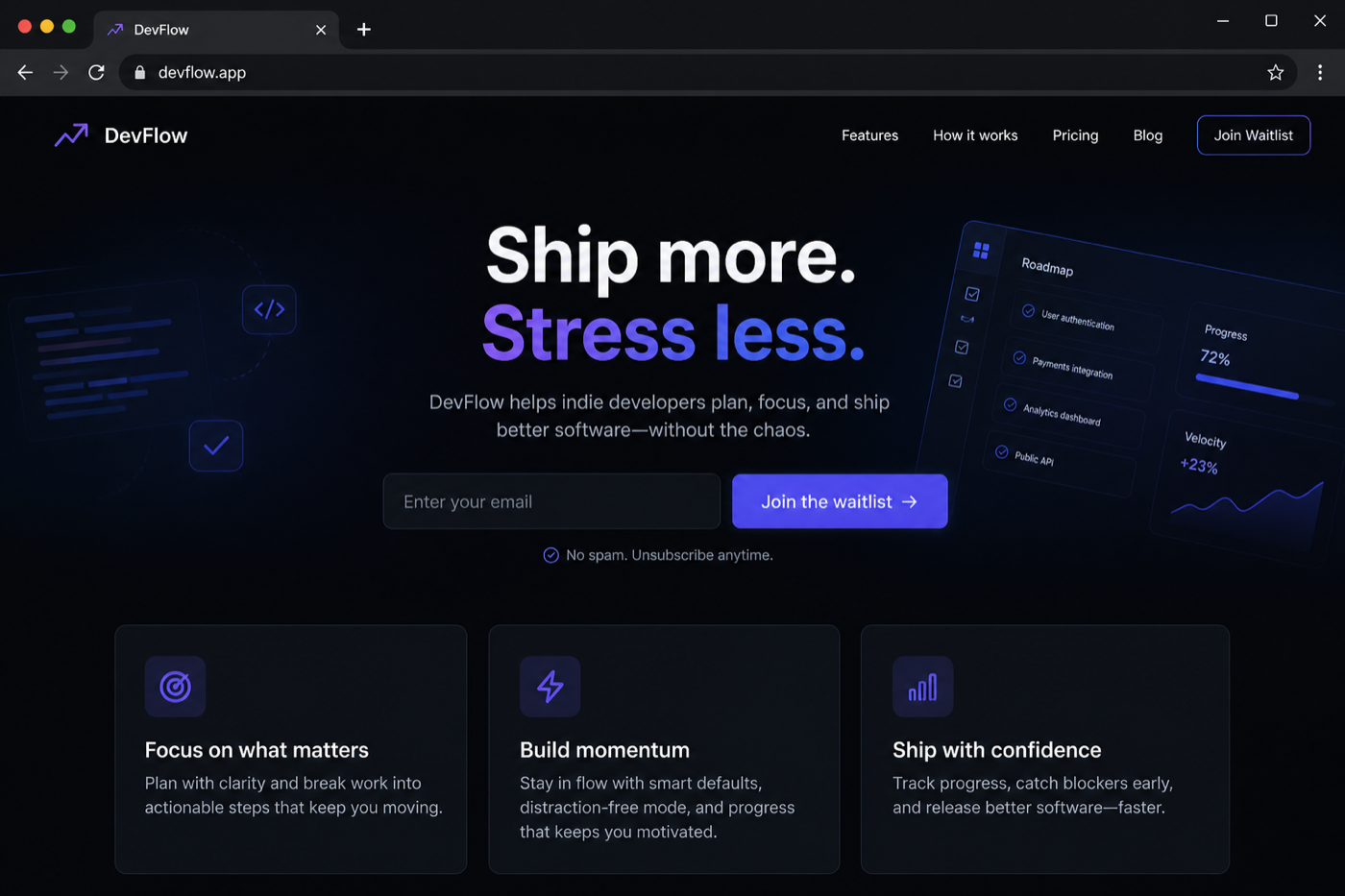 Dark-theme indie SaaS landing page