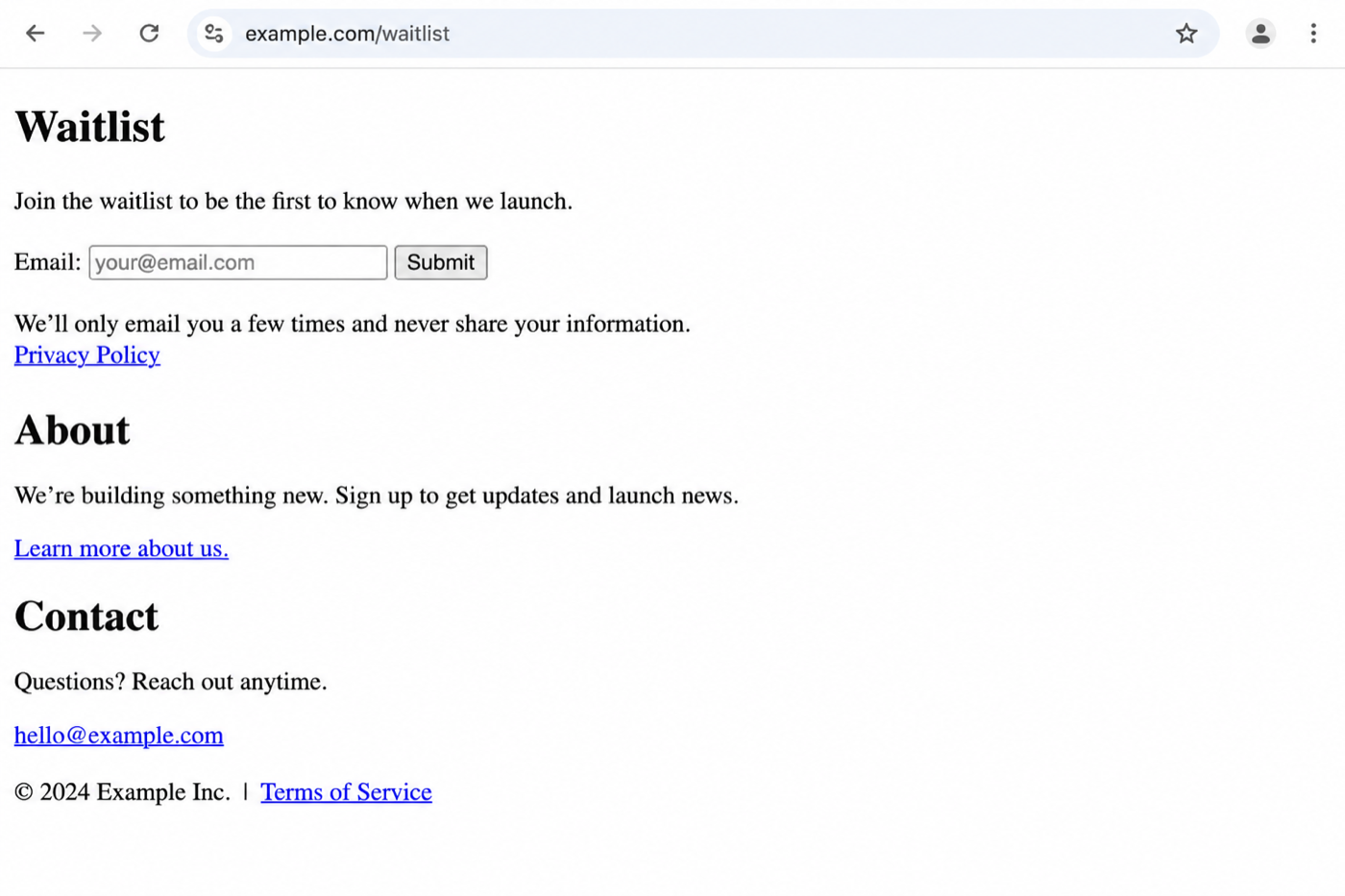 Unstyled HTML waitlist page