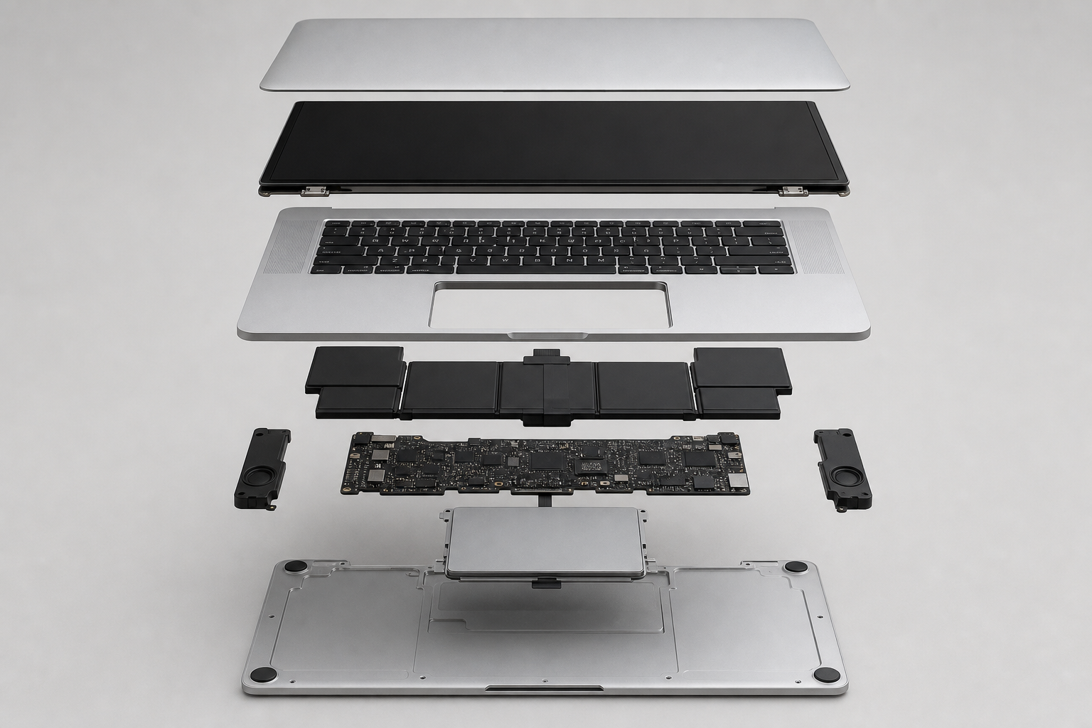 Exploded view of a MacBook with parts separated
