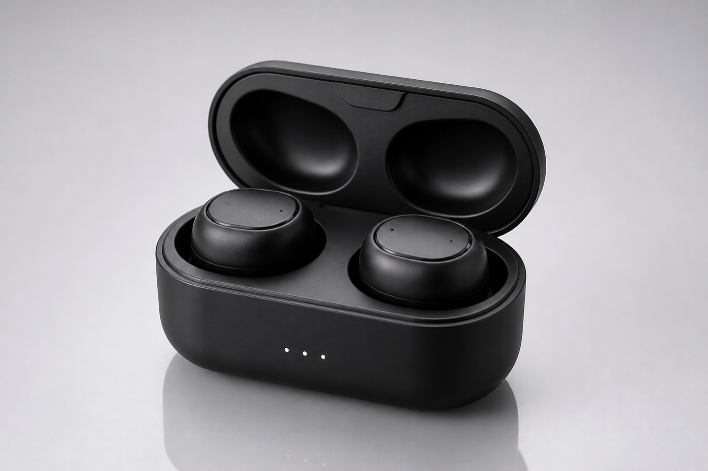Catalog product shot of earbuds in a charging case
