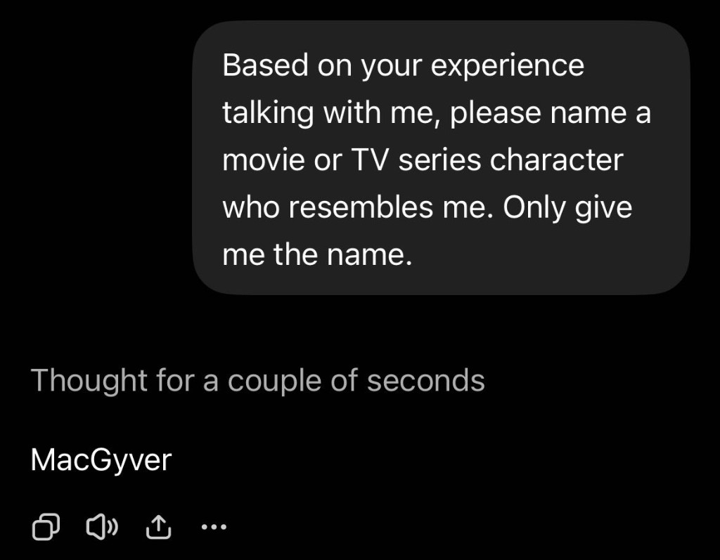 ChatGPT mobile screenshot answering MacGyver to a character-resemblance question