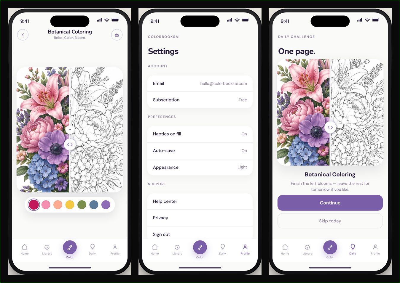Color Books AI mockups generated by Open Design: coloring screen, profile/settings, and daily challenge in a one by three grid