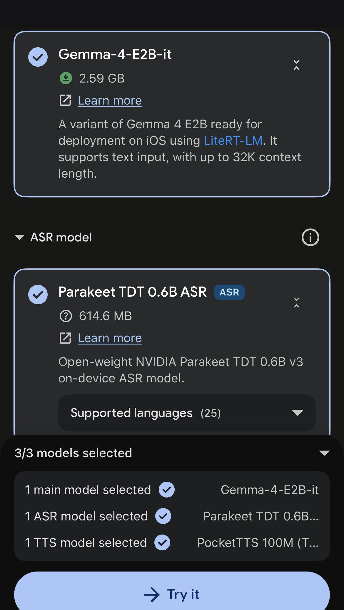 XR Language Teacher model picker: Gemma-4-E2B-it, Parakeet TDT 0.6B ASR (25 languages), PocketTTS 100M — Try it