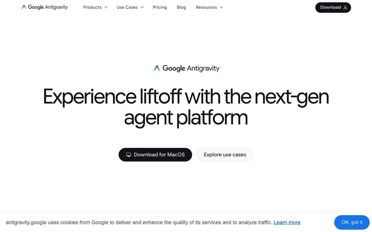 Google Antigravity homepage — Experience liftoff with the next-gen agent platform