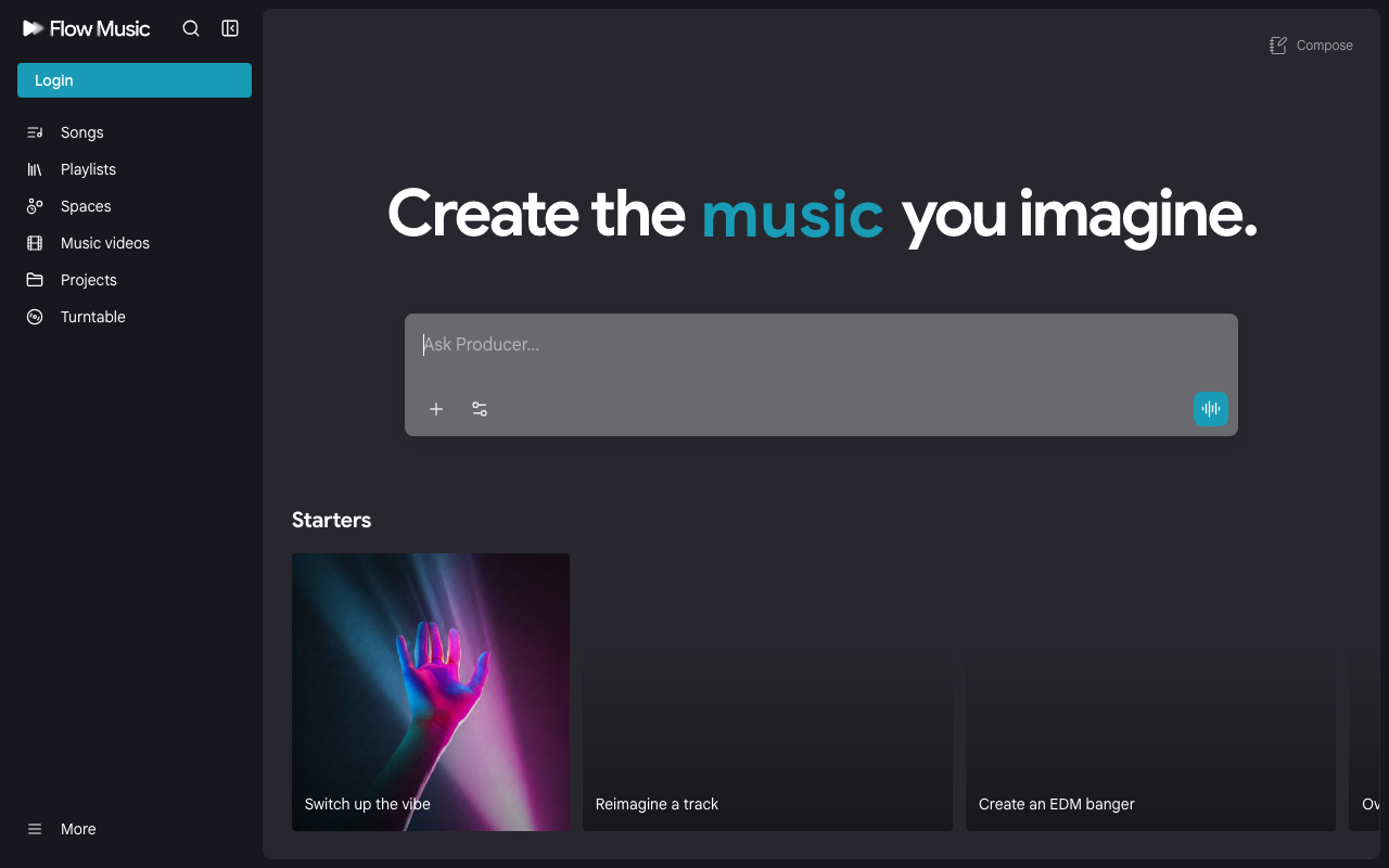Google Flow Music homepage — generative AI music studio