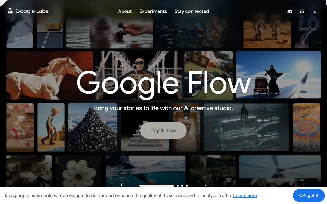 Google Labs homepage featuring Google Flow and other AI experiments