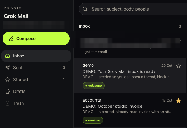 Grok Mail web inbox with demo threads — personal addresses blurred