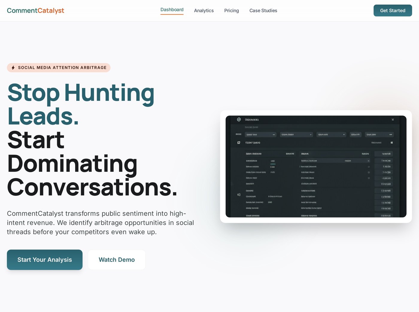 CommentCatalyst landing page: Stop Hunting Leads. Start Dominating Conversations, with a dashboard preview