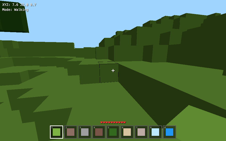 First-person voxel sandbox: grass hills, hotbar, and a held block
