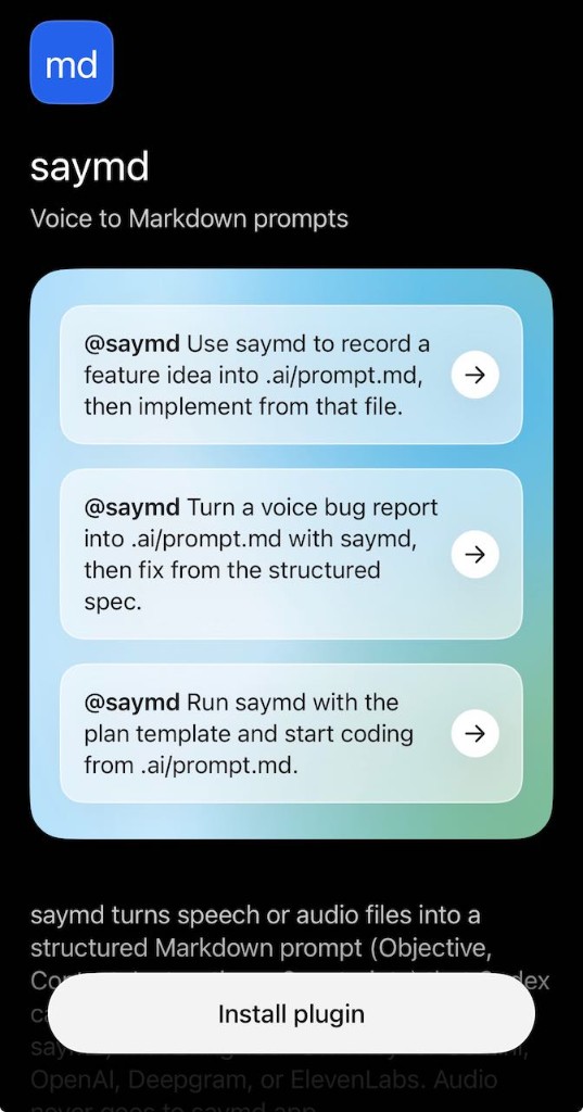 saymd ChatGPT plugin install screen with starter prompts and Install plugin button