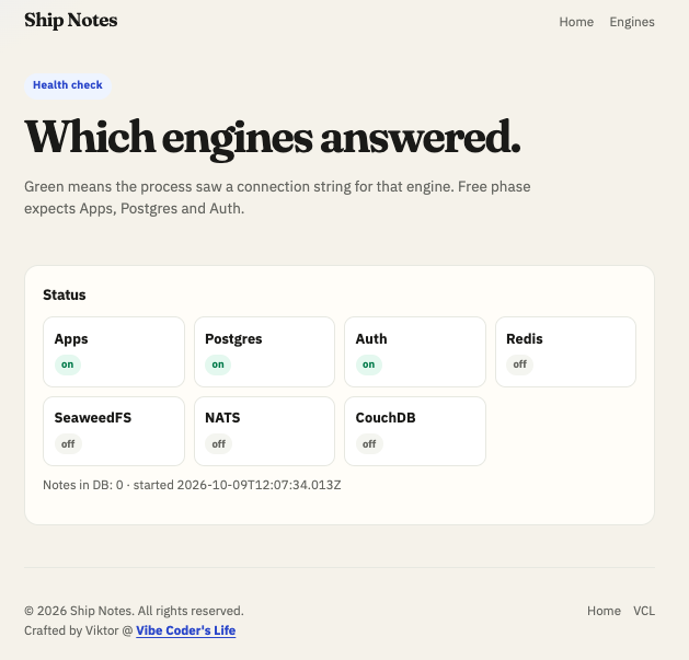 Ship Notes /engines on Free — Apps, Postgres, Auth