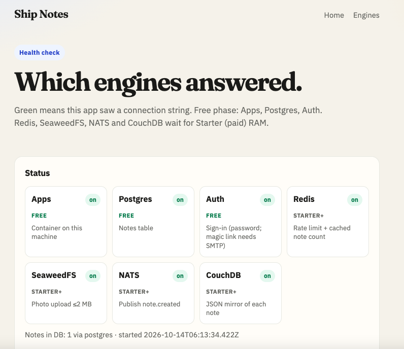 All seven engines green in the app