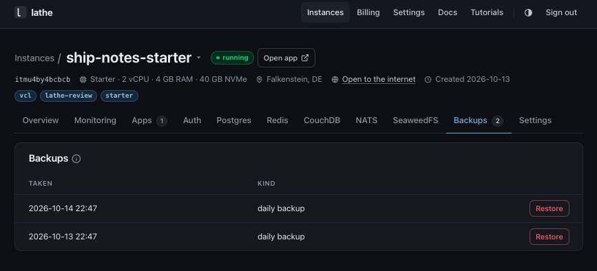 Backups tab after restore drill